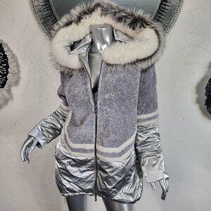 MITCHIE'S~M/L~SILVER GRAY GENUINE SHEARLING REAL FOX FUR HOODED PARKA COAT
